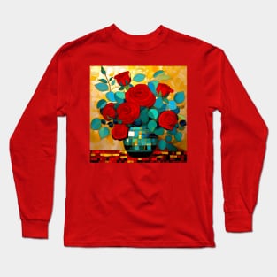 Red Roses and Eucalyptus Leaves in a Geometric Decorative Vase Long Sleeve T-Shirt